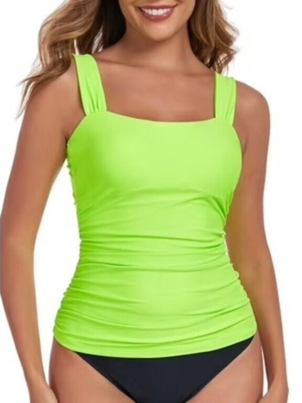 ✨ RELLECIGA Neon Green Bandeau Tankini Top Ruched Tummy Control L NWT
